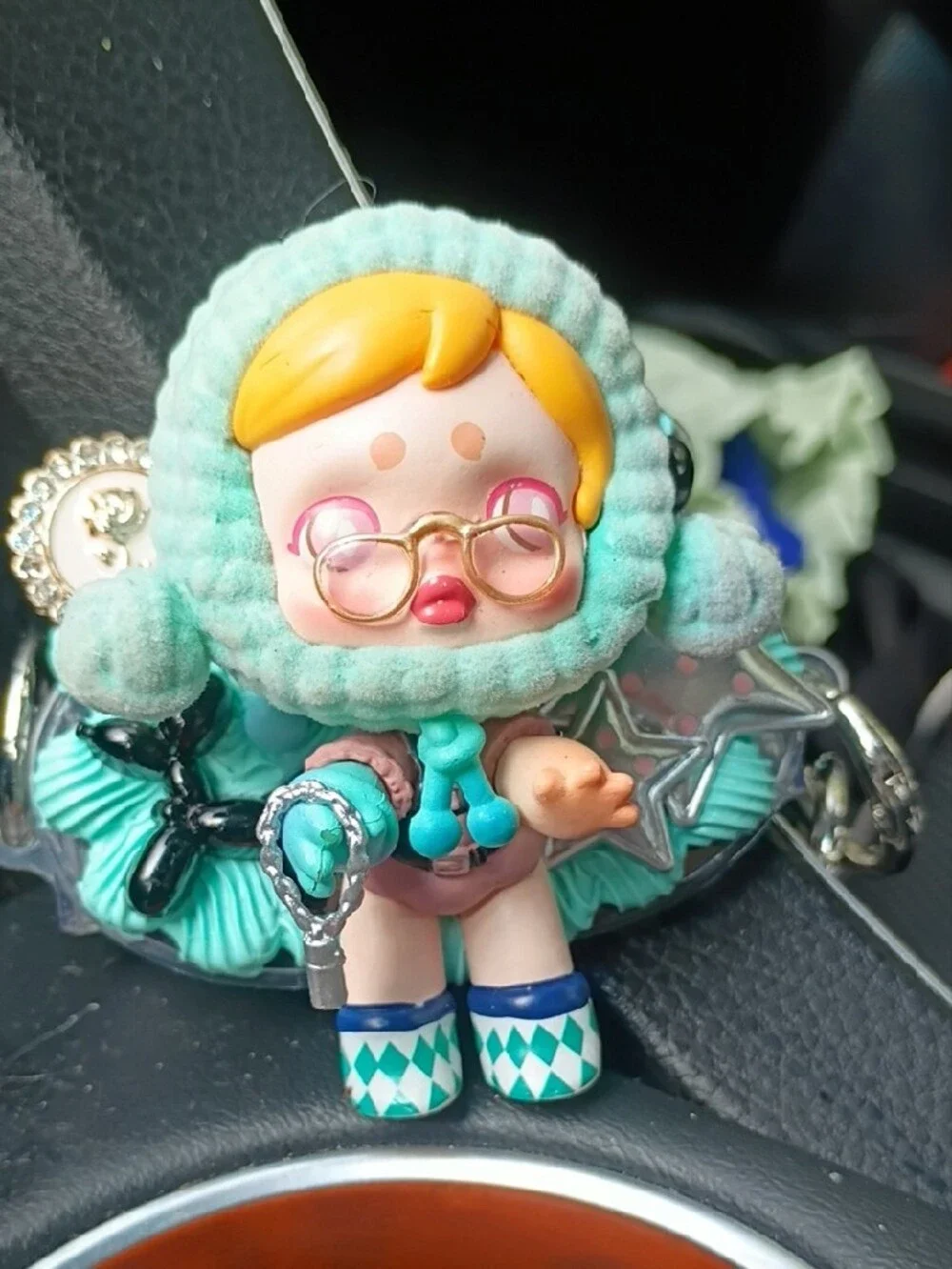 Plush-Hooded Blonde Doll Keychain in Teal